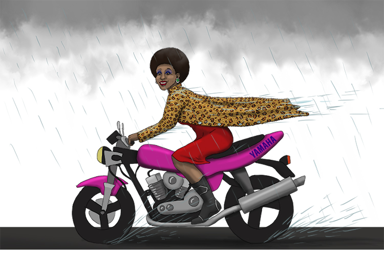 The coat the diva wore (Côte d'Ivoire) on the Yamaha bike was soon soaked through (Yamoussoukro).